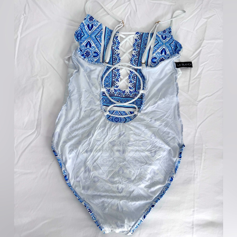 La Blanca Strappy One Piece Swimsuit SZ 10 Capri Blue Mediterranean Breeze - Picture 14 of 16
